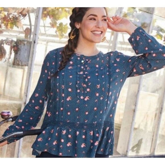 Matilda Jane Navy Floral Peplum Blouse Long‎ Sleeve Top - Picture 1 of 6